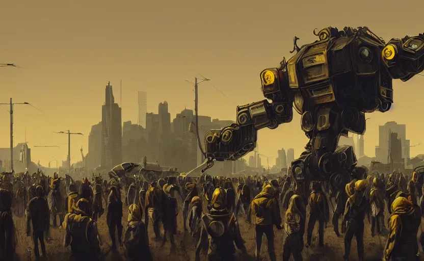 Image similar to an intricate matte painting of a giant armored plated metal mecha, crowd of people, by simon stalenhag, rust, yellow and black trim, trending on artstation, hdr, 8 k