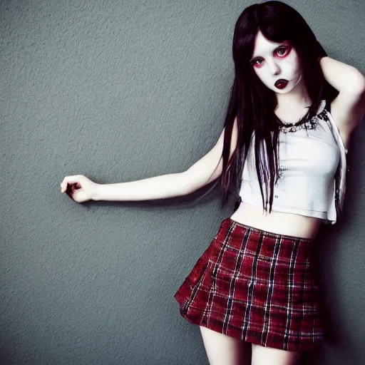 Image similar to gothic teen girl in plaid mini skirt and crop top, intricate, extremely detailed, modeling photography, 8 0 mm camera, dramatic lighting