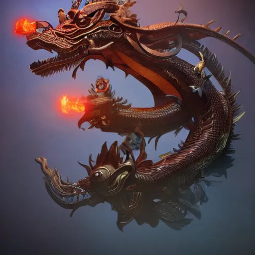 Prompt: A steampunk Chinese dragon, epic composition, cinematic lighting, 8k, octane render, trending on ArtStation