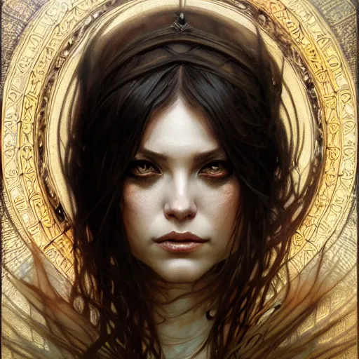 Image similar to Portrait of female sorceress, dark fantasy, medium shot, intricate, elegant, highly detailed, digital painting, artstation, concept art, smooth, sharp focus, illustration, art by karol bak, artgerm and greg rutkowski and alphonse mucha