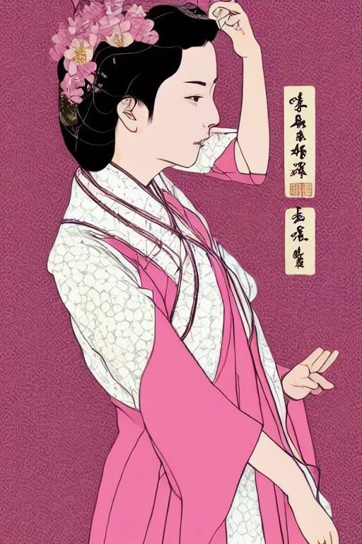 Prompt: a girl with pink short hair in a chinese hanfu with rich details, by tomer hanuka