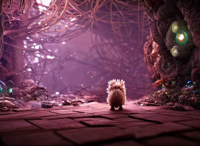 Image similar to intricate hedgehog with optic fibers instead of needles, on the background of a weird magical mechanical forest. Very detailed 8k. Fantasy cyberpunk horror. Sharp. Cinematic post-processing. Unreal engine. Nanite. Ray tracing. Parallax. Tessellation