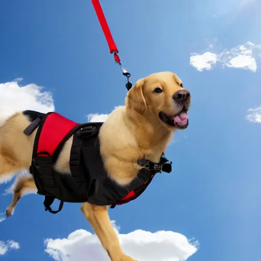 Prompt: a dog parachuting from a helicopter, stock photo