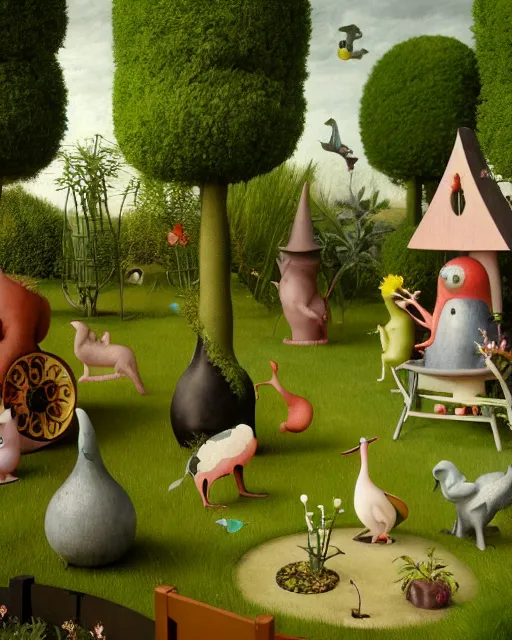 Image similar to Lush garden with quirky creatures painted by Hieronymus Bosch. Octane render