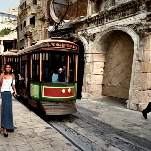 Prompt: scene from a 2 0 1 0 film set in ancient constantinople showing a woman catching a tram