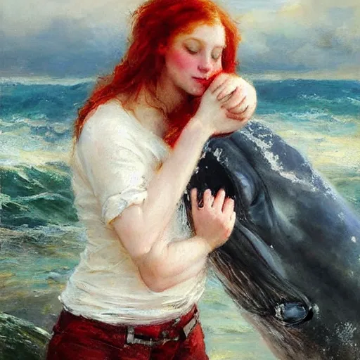 Image similar to a portrait of a red headed young woman hugging a whale in a scenic environment by Gerhartz, Daniel F.