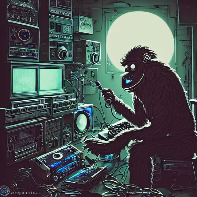 Image similar to a portrait of an anthropomorphic cyberpunk yeti podcasting while working in his secret electronics lab, detailed render, tape deck, microphone, boombox, headphones, epic composition, cybernetics, 4 k realistic, cryengine, realistic shaded lighting, sharp focus, masterpiece, by matteo scalera, gary montalbano, peter elson in the style of the tokyo ghost comic