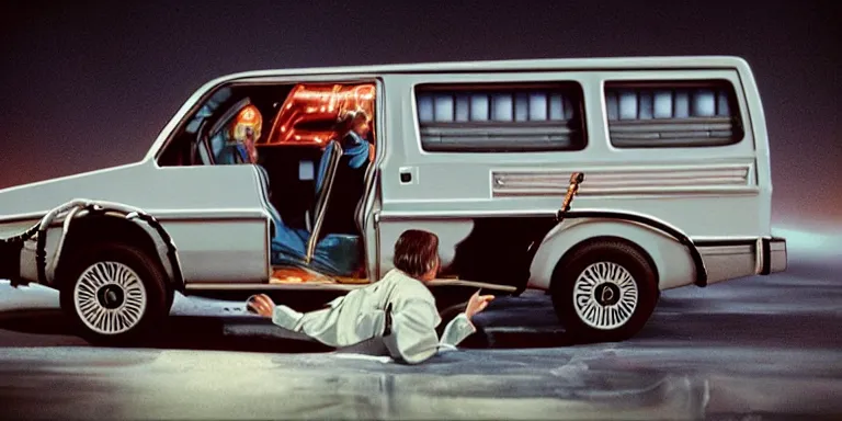 Prompt: Photorealistic cinematography of the rear of a the “Back To The Future Time Machine” from the film “Back To The Future” reversing down a ramp out of Doc Browns “1984 white GMC Value Van” at night + filmed on location at ultra photorealistic “Back To The Future” “Twin Pines Mall” parking lot Set located at Puente Hills Mall, 1600 South Azusa Avenue, City of Industry, California At night By “Back To The Future” Cinematographer Dean Cundey at night 5