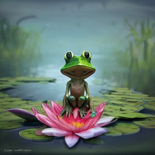 Image similar to a frog fairy on a lily pad, concept render, portrait, magical, alexander jansson, artstation