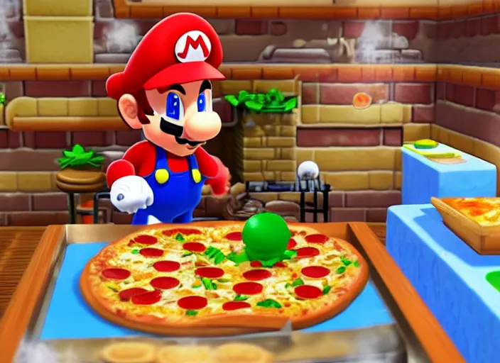 Prompt: video game screenshot of mario making pizza on his belly in super mario pizza maker video game, 4 k