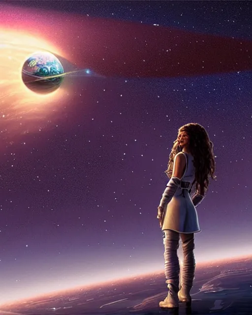 Image similar to zendaya standing infront of a huge window looking at earth on a space station in orbit around earth, lit village in the distance, stars milky way sky, deep focus, D&D, fantasy, intricate, elegant, highly detailed, digital painting, artstation, concept art, matte, sharp focus, illustration, hearthstone, art by Artgerm and Greg Rutkowski and Alphonse Mucha