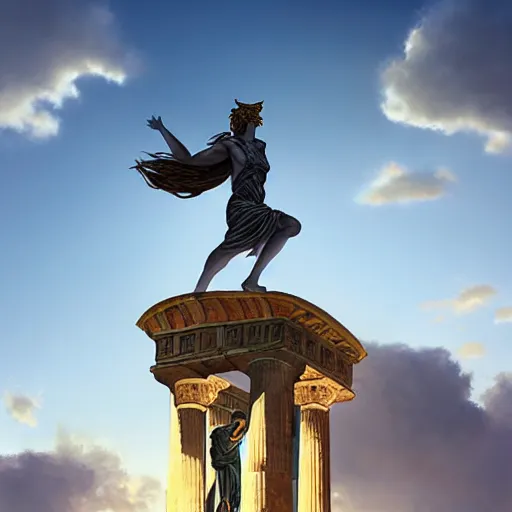 Image similar to tiny greek goddess in steel helmet standing on a giant greek bearded male head of Zeus, greek temple of olympus glory island, late afternoon light, wispy clouds in a blue sky, by frank lloyd wright and greg rutkowski and ruan jia