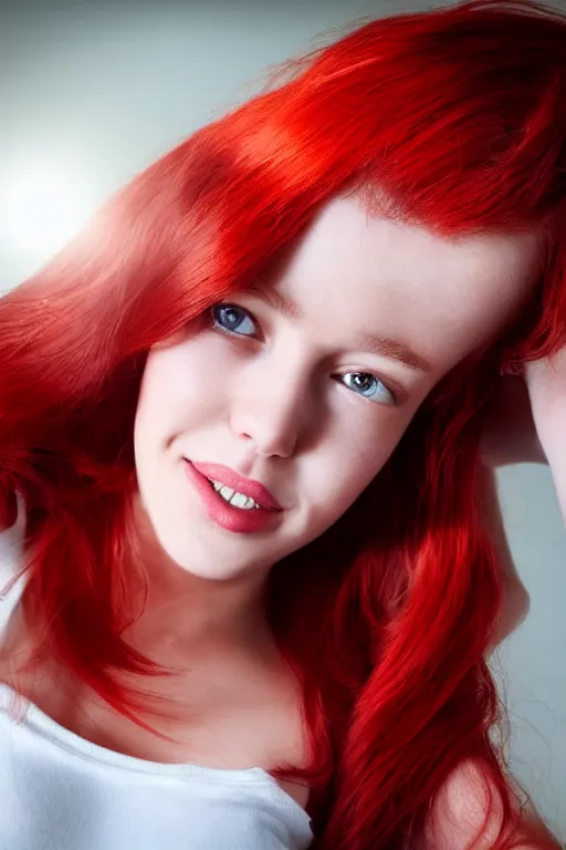 Prompt: a selfie of a young woman with messy vibrant ariel red hair, bedroom, ultra realistic, beautiful lighting