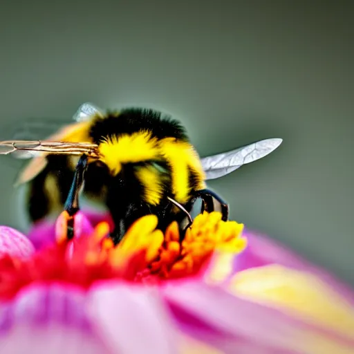 Image similar to surreal composite bumble bee made of flowers, pedicel legs, flower petal wings, siting on a finger, 5 0 mm lens, f 1. 4, sharp focus, ethereal, emotionally evoking, head in focus, volumetric lighting, blur dreamy outdoor