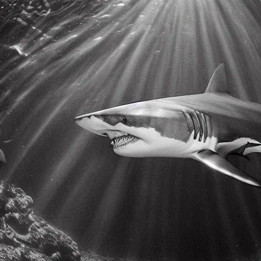 Image similar to underwater shot shark with caustics on skin, black and white