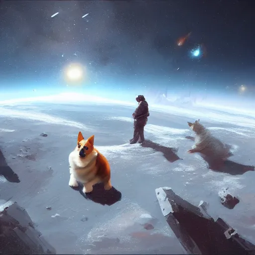 Image similar to Corgis in no man's sky digital art in the style of Greg Rutkowski and Craig Mullins, 4k