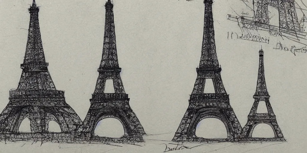 Image similar to architectural design studies of Eiffel Tower, different closeup view, drawn by Leonardo da vinci, ink and pen draw, artistic, intricated