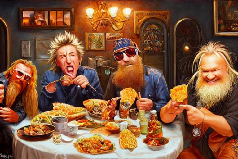 Image similar to rod stewart eating tacos with zz top, an oil painting by ross tran and thomas kincade