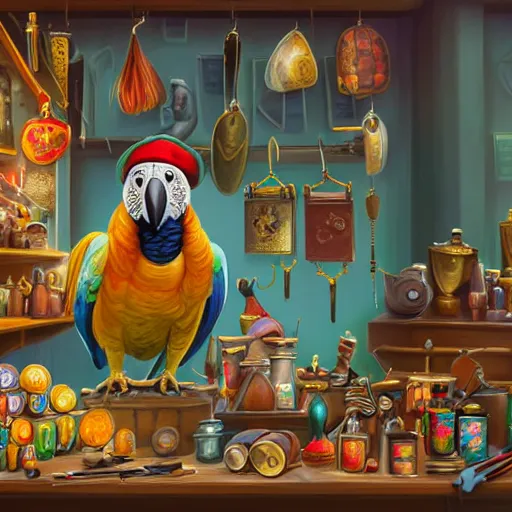 Image similar to Anthropomorphized parrot trader in his shop, selling his wares, portrait, items, gold, magic potions, carpet, window, fancy hat, sly expression , cunning expression, cute expression, long thick shiny gold beak, presenting wares, holding an item, D&D, fantasy, cinematic lighting, highly detailed, digital painting, artstation, concept art, smooth, sharp focus, illustration, warm light, cozy warm tint, magic the gathering artwork, volumetric lighting, 8k, art by Akihiko Yoshida, Greg Rutkowski