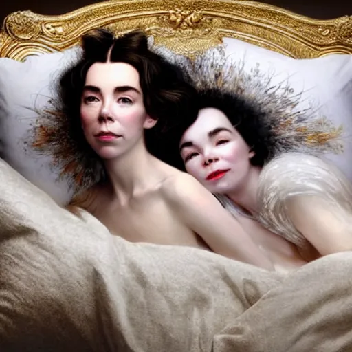 Prompt: stunning photo of dark - haired goddesses vanessa kirby and bjork smiling, laying back on a pillow, with white tears all over their faces, a beautiful closeup, wet lips, perfect eyes, insanely detailed, elegant, by mucha, wlop, rutkowski, livia prima