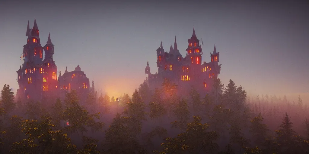 Prompt: a highly detailed photo of an stained glass castle surrounded by a mist shot during twilight on 3 0 mm film painted by alena aenami, rendered in unreal engine