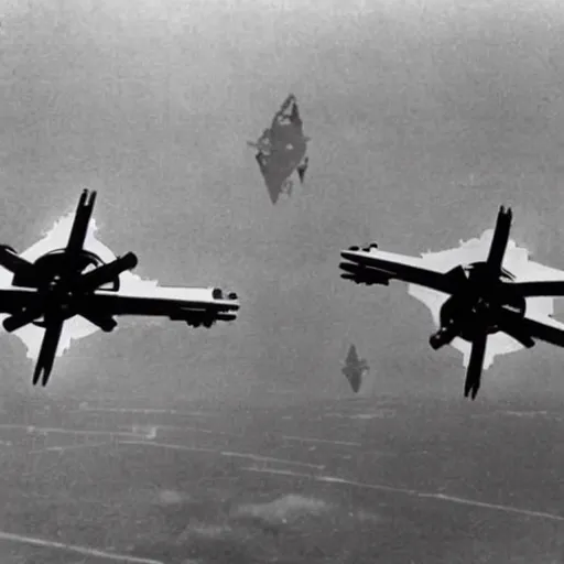 Image similar to an old ww2 photograph of star wars TIE fighters, AT-AT, WW2 planes fighting