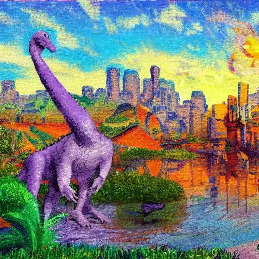 Image similar to impressionist painting of a utopian stone city with dinosaurs