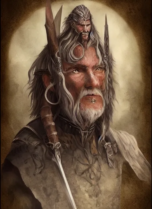 Prompt: warrior character portrait revenant old male hobbi fantasy