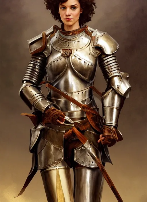 Image similar to medium-length portrait of a female knight with short curly hair and brown eyes, dark brown skin, happy expression, wears a combination of plate armor and boiled leather, medieval setting, highly detailed, digital painting, artstation, concept art, sharp focus, illustration, art by greg rutkowski and alphonse mucha