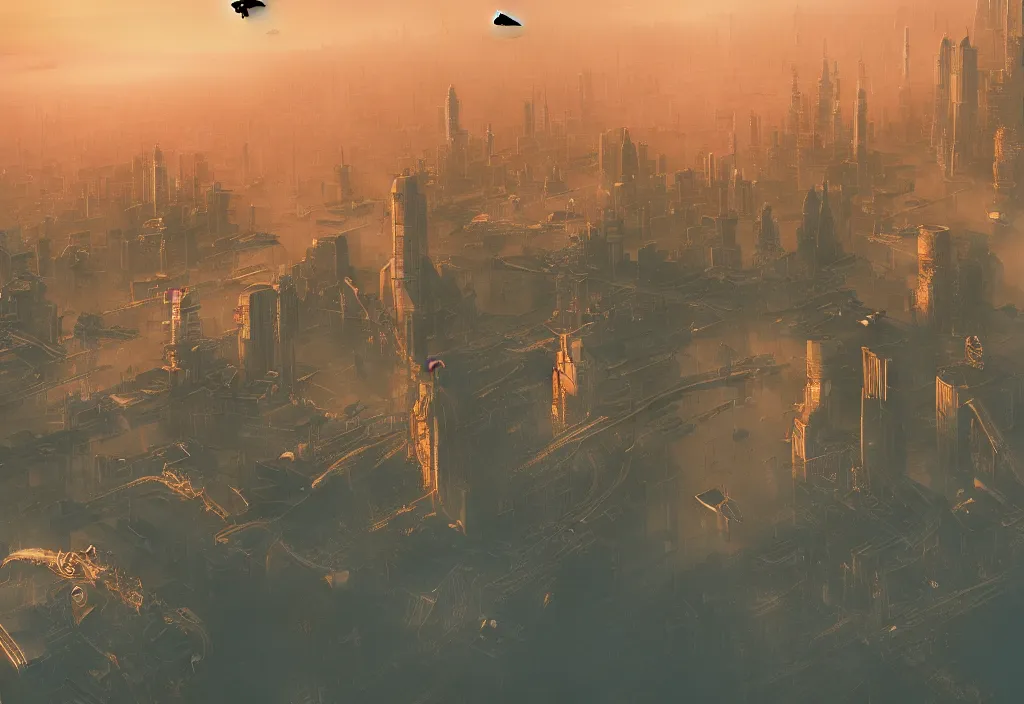 Prompt: flying city by alena aenami, dragon roost, zeppelin dock, city flying in the air, mist below buildings, steampunk, digital art, 4 k, trending on artstation, epic composition, highly detailed, golden hour