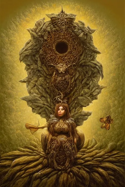 the personification of a queen bee sitting on her hive | Stable Diffusion