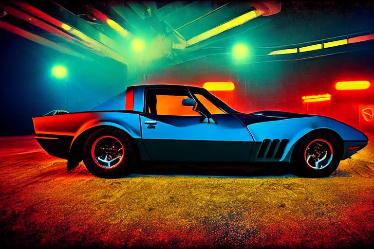 Prompt: stylized poster of mad max's pursuit special corvette, thick neon lights, ektachrome photograph, volumetric lighting, f 8 aperture, cinematic eastman 5 3 8 4 film