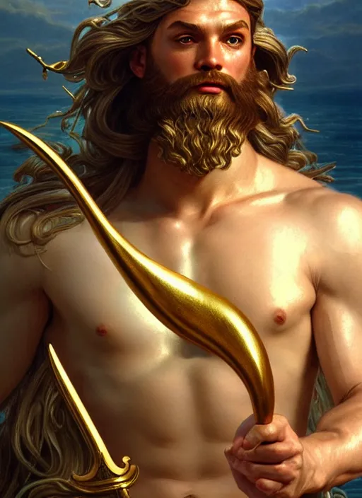 Image similar to Poseidon the God of Sea holding a golden trident, upper body, realistic photo, masculine, Greek God, D&D, fantasy, intricate, cinematic lighting, highly detailed, digital painting, artstation, concept art, smooth, sharp focus, illustration, art by Artgerm and Greg Rutkowski and Alphonse Mucha