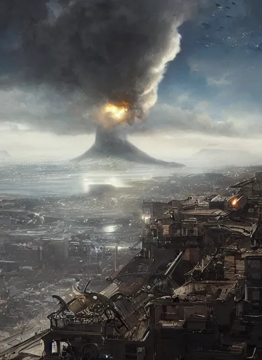 Image similar to hyper realistic squid robot attacking cape town city, table mountain explosions, atmospheric beautiful details, strong composition drawn in ink by kim jung giu weta studio rutkowski, james gurney and greg rutkowski, and lucasfilm