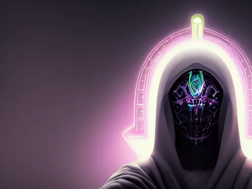 Image similar to a gray faceless figure, ascended, robot wizard, NPC with a saint\'s halo, saintly halo behind their head made of neon filigree, consulting the cyber oracle of all knowledge, at the end of time, in an esoteric ritual exchange of physical code, 8k, 4k, unreal 5, DAZ, trending on artstation, octane render, abstract painting, bright blue future