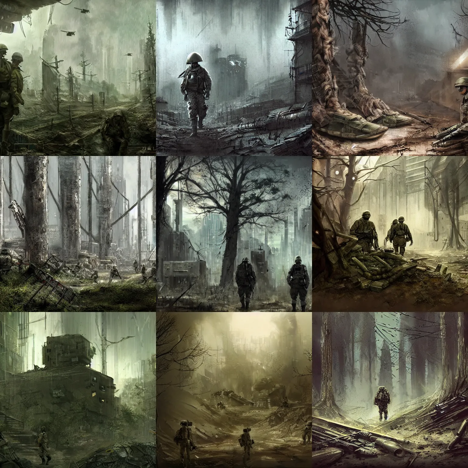 Prompt: army, world war 2, dystopian, cyberpunk, forest, concept art, cinematic