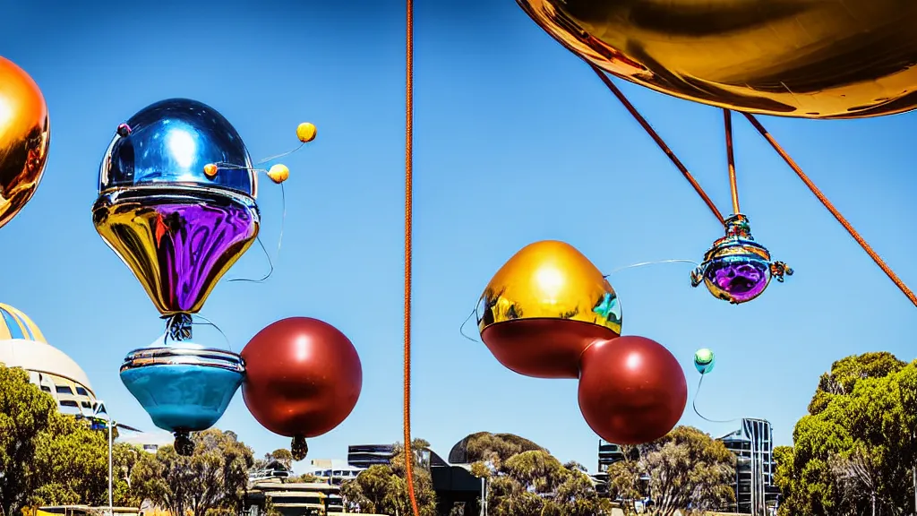 Prompt: large colorful futuristic space age metallic steampunk balloons with pipework and electrical wiring around the outside, and people on rope swings underneath, flying high over the beautiful river torrens and elder park in adelaide in south australia city landscape, professional photography, 8 0 mm telephoto lens, realistic, detailed, photorealistic, photojournalism