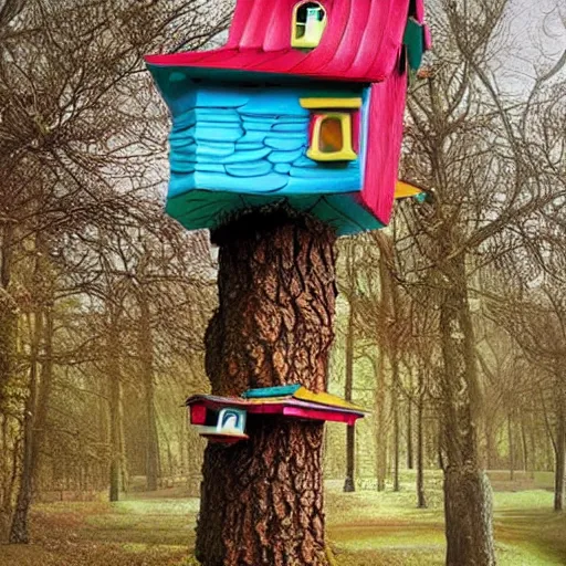 Prompt: Colorful Victorian Birdhouses by Tuomas Korpi and Alejandro Burdisio and Jacek Yerka, Hyperrealism