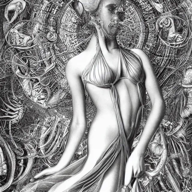 Image similar to hyper detailed bw linear pencil drawing, woman ballet dancer, organic symmetric shapes by ernst haeckel