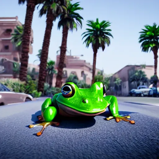 Image similar to a close up photo of a frog driving a mercedes in marrakech, palm trees, close up, octane render, unreal engine, hyperdetailed