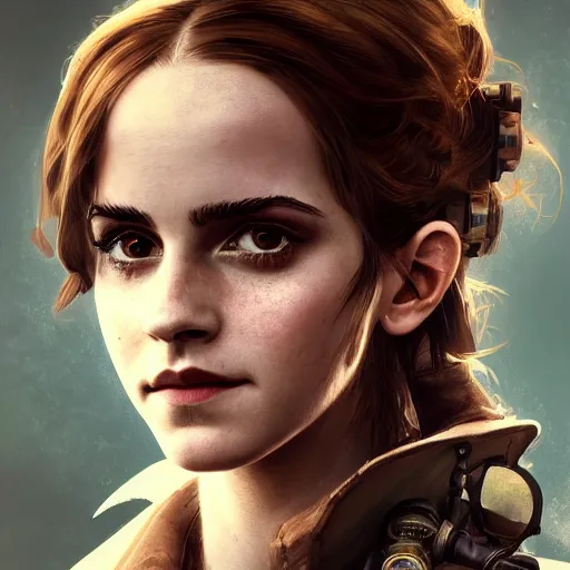 Prompt: steampunk portrait of emma watson, au naturel, hyper detailed, digital art, trending in artstation, cinematic lighting, studio quality, smooth render, unreal engine 5 rendered, octane rendered, art style by klimt and nixeu and ian sprigger and wlop and krenz cushart.