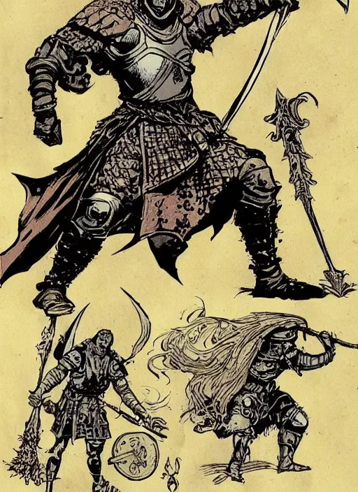 Image similar to character design concept art illustration reference of a medieval warrior. by Mike Mignola and Rebecca Guay.