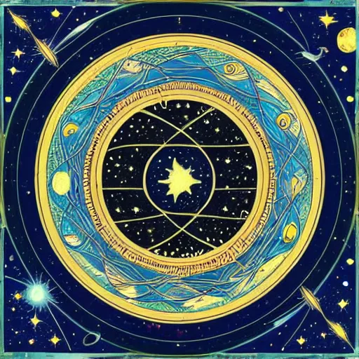 Image similar to a beautiful celestial sky with stars, planets and galaxies in the style of illuminated manuscript, circular abstract border with curly symmetrical designs, trending on artstation