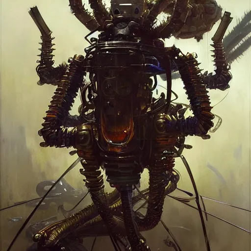 Image similar to highly detailed robot in the form of a spider, art by donato giancola, eugene delacroix, ruan jia, carl larsson, peter mohrbacher. trending on artstation, intricate details, energetic composition,, concept art, illustration, elegant art, global illuminaition