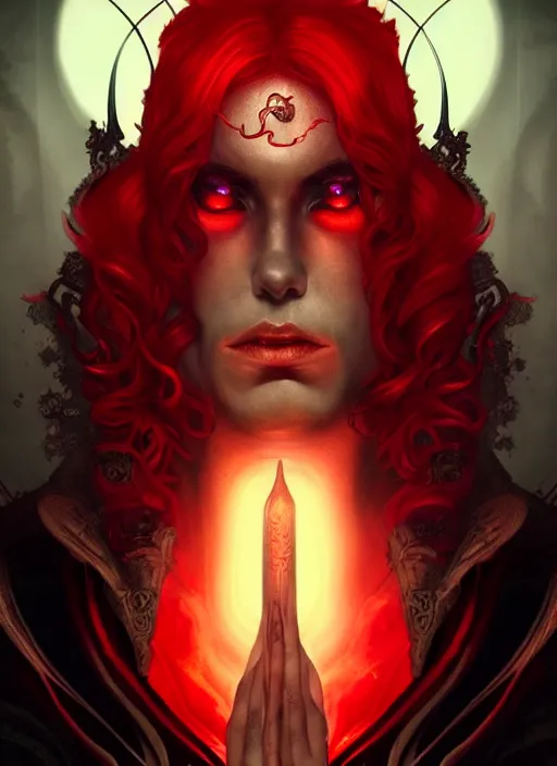 Prompt: the god hades, red hair, glowing eyes, volumetric lights, black and red scheme, art nouveau botanicals, gothic, intricate, highly detailed, digital painting, artstation, concept art, smooth, sharp focus, symmetric face, illustration, steampunk, art by artgerm and greg rutkowski and alphonse mucha