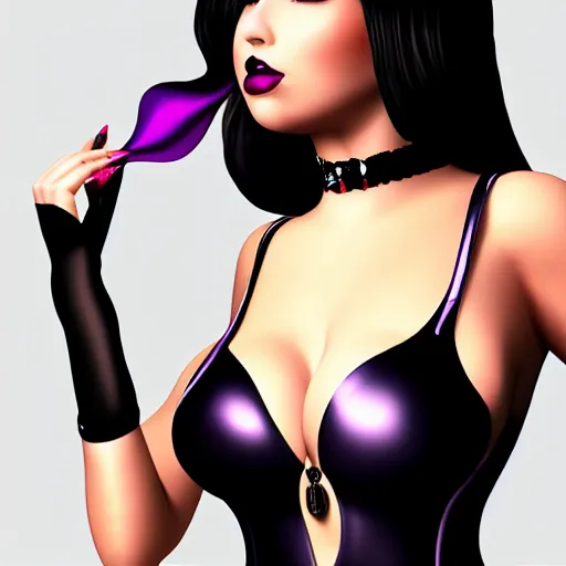 Prompt: curvy feminine hot goth woman with dignified elaborate tight purple-black-silver nylon and latex ballroom gown, black choker necklace, amorous posture, shiny lipstick, photorealistic, cgsociety, sublime, 16k, smooth, sharp focus, ArtStation, hyperdetailed, volumetric lighting