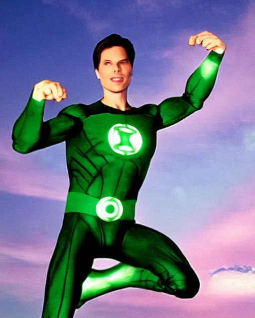 Image similar to photograph of actor Christoper Reeve dressed as a Green Lantern, lounging by an infinity pool on a mystical Alien planet with voluminous purple clouds, Sunny Day