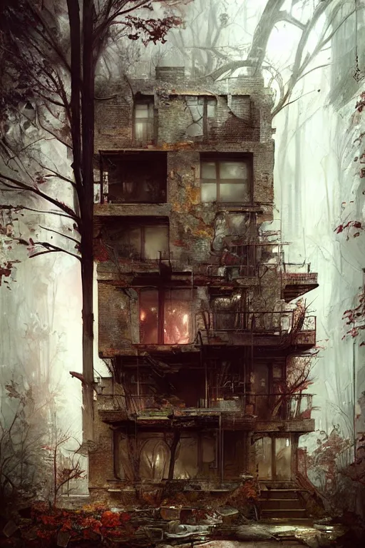 Prompt: a ramshackle Manhattan brick brownstone deep in the forest by Bastien Lecouffe Deharme