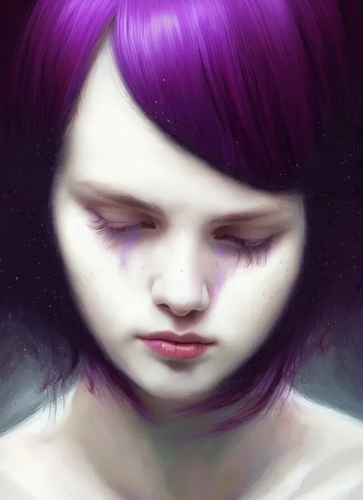 Image similar to hair whitebangs hair, black hair, portrait of teenage girl with white bangs, whitebangsblackhair, messy bangs, curly bangs, whitebangs, red irises, purple clothes, intricate, elegant, glowing lights, highly detailed, digital painting, artstation, concept art, sharp focus, illustration, art by wlop, mars ravelo and greg rutkowski