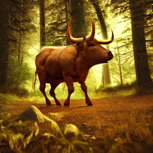 Prompt: artistic photo of minotaur in the forest, dim light, extremely detailed, gold accents